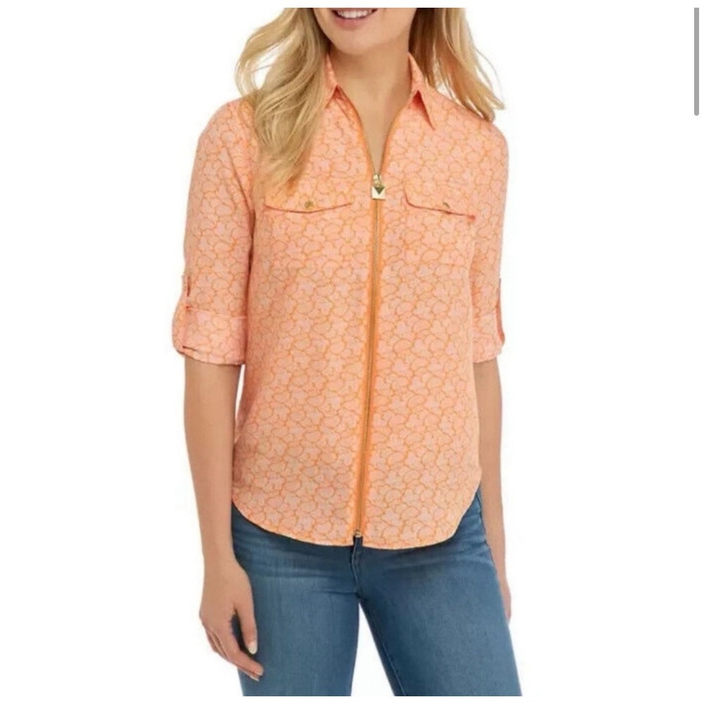 NWT Michael Kors Shirt Top Women's‎ Petite Medium Gold Zip Front Printed Orange